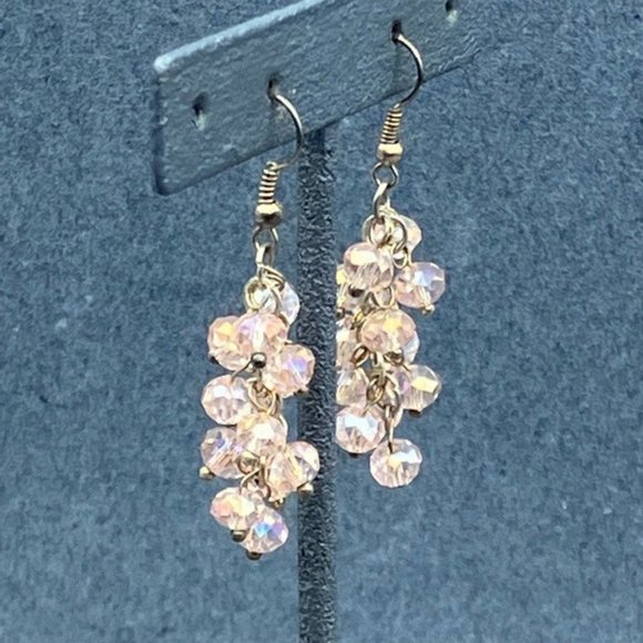 Dangle Pierced Earrings Pink Iridescent Faceted Beads Silver Soft Girl Barbie - Picture 3 of 5